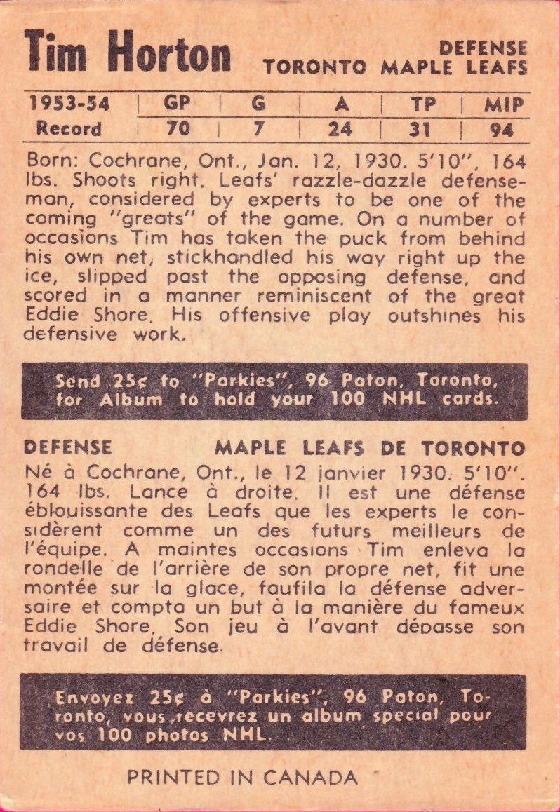 Tim Horton 1954 Toronto Maple Leafs